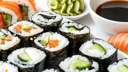 Canvas Print - Close-up of Freshly Made Sushi Rolls with Salmon and Cucumber.