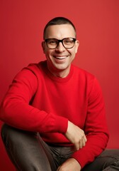 Cheerful man in glasses wearing red sweater against red background