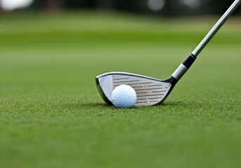 Close-up of golf club and ball on lush green grass ready for a perfect swing