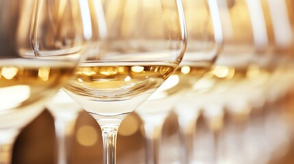 a row of wine glasses filled with white wine.