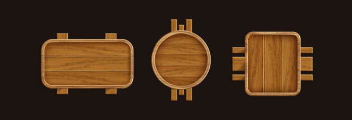 Poster - sign board with brown wood texture. realistic 3d vector illustration set of wooden rectangle, circle