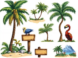 Poster - Tropical paradise with palm trees, a parrot, and a flamingo.