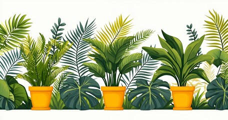 Canvas Print - Tropical plants in yellow pots on a white background.