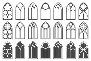 Poster - Windows of gothic church with stained glass arches. Vector frames with medieval vintage patterns in Catholic cathedral. Old border shapes of European architecture design.