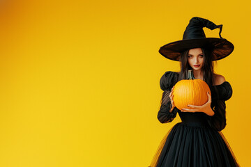 Gothic witch in black with pumpkin on yellow backdrop