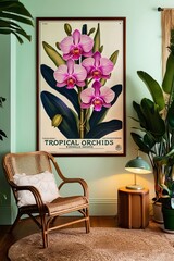 Wall Mural - Tropical minimalist living space interior design with poster frame