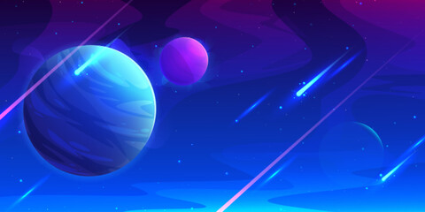 Poster - blue outer space background with alien planets and falling asteroid with neon glow trail. cartoon ve