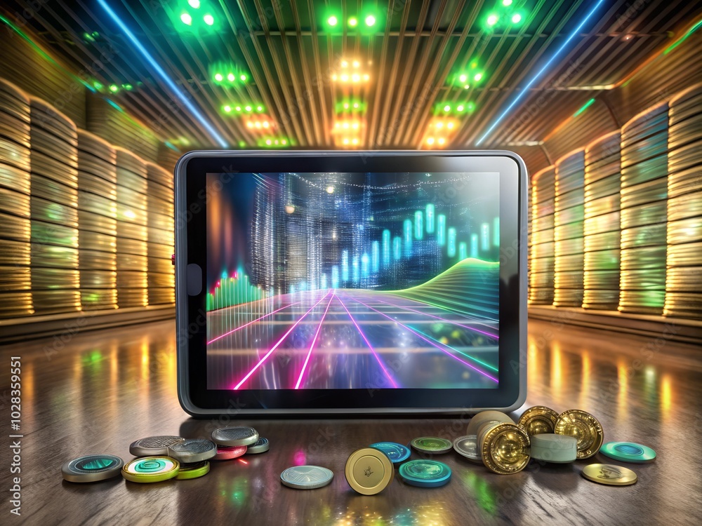 The image shows a futuristic data center with glowing stock market ...