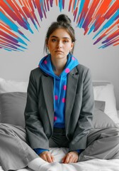 Creative portrait of young woman in hoodie and suit with artistic background