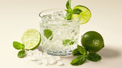 Wall Mural - a glass of iced water with mint and lime wedges on a white background.