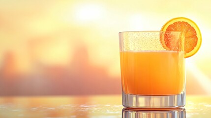 Wall Mural - a glass of orange juice with a slice of orange on the rim.