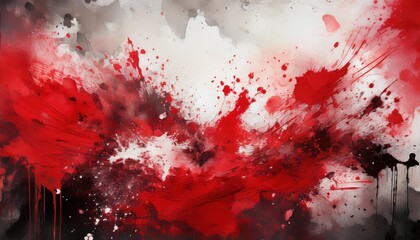 Poster - Dynamic Chaos. Blood Red Paint Explosion Splatter Against Abstract Beige and Grey Background for Grunge Art, Symbolizing Intensity and Raw Emotion in Modern Expressive Concepts or Projects