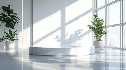 Poster - Smooth White Podium with Reflective Surface and Plants