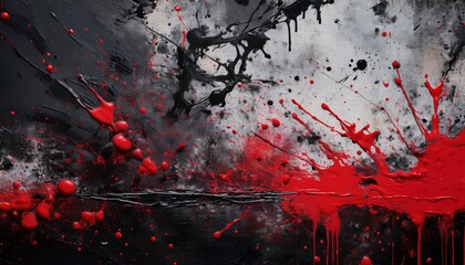 Poster - Chaotic Energy. Black and Red Paint Splash on Grunge Textured Canvas Depicting Urban Destruction, Aggression, and Bold Expression. Perfect for Album Covers, Concept Art, and Dark Thematic Projects