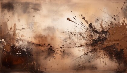 Poster - Chaotic Eruption in Sepia and Earth Tones. Abstract Grunge Composition Evoking Explosive Energy, Organic Decay, and the Turbulence of Motion Through Ink Splatters and Textural Fragmentation