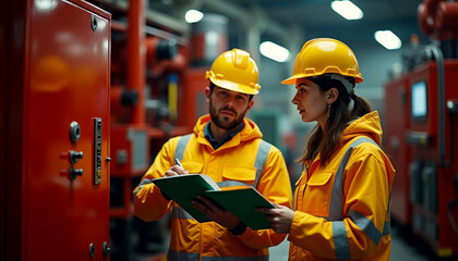 Two engineers are inspecting machines in an industrial plant, wearing safety glasses and hard hats