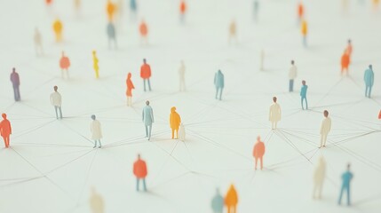 Group of simple miniature people shapes connected by thread lines on a simple background. Wallpaper of communication, social communications