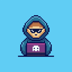 Pixel art Hacker with Laptop in Hood game asset design