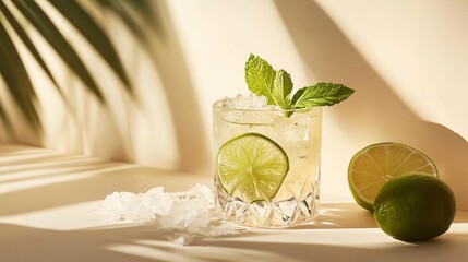 Wall Mural - a refreshing summer drink with lime and mint in a glass.