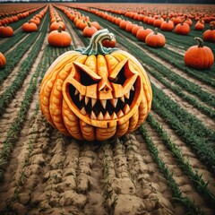 halloween pumpkin in the field. angry looking pumpkin. 