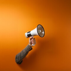 A hand holding a white megaphone reaches through a bright orange surface.