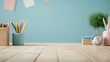 © Cheewynn - Minimalist wooden tabletop with a school classroom background, ready for product presentations related to education and stationery