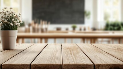 Natural wooden desk in a bright classroom, perfect for product presentation, with blurred educational tools and chalkboard in the background