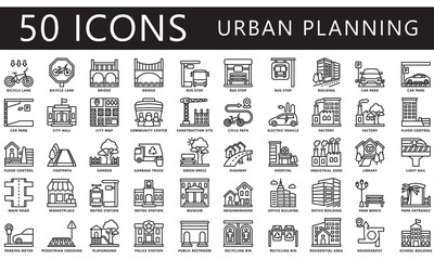 urban planning black outline icons set. contain building, garden, bridge, office, residential, trans