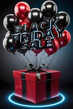 Abstract light effect black friday sale poster with Balloons and Gift Box