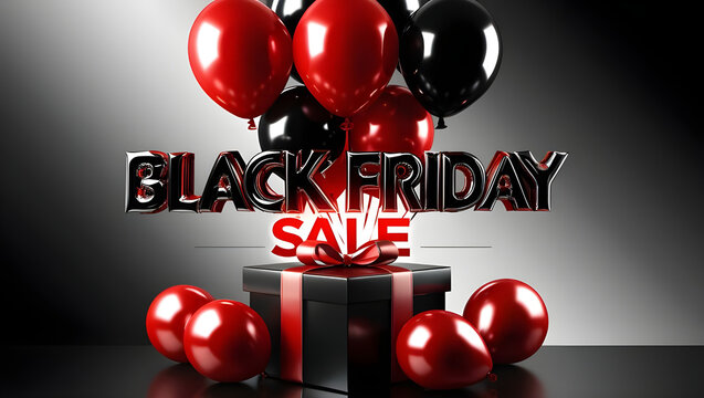 Black friday sale banner with red and black Balloons and Gift Box