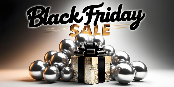 Black friday sale banner with red and black Balloons and Gift Box