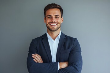 Smiling man in formal wear presenting a business solution with a solid backdrop, clean and effective for ads