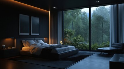 Modern bedroom with dark walls, large windows, and a king-size bed. The room is decorated with minimalist furniture and lighting.