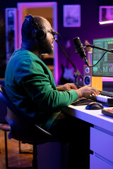 Poster - Skilled artist composing a new song with his lyrics and piano tunes, recording audio files to edit them with mixing and mastering techniques. Young talented musician produces music.