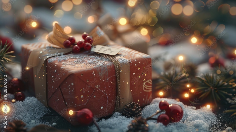 Beautifully wrapped Christmas gift box with red bow and festive winter ...