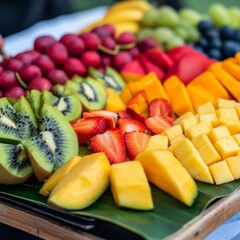 Variety of colorful fruits cut into pieces, vendor arranging them, tropical ambiance, street food, fresh produce