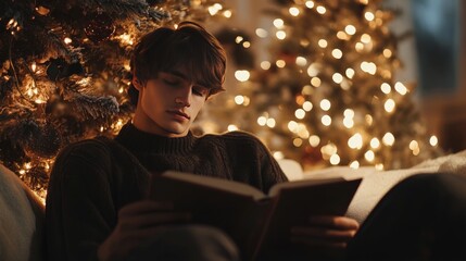 Boy reads near Christmas tree.