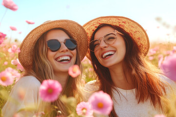 happy womans in flower garden on nature background