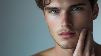 Caucasian man touch his face with his hand, showing his beautiful skin and freshly shaved beard