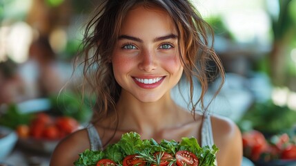 A young woman joyfully holds a fresh harvest of lettuce and tomatoes at a vibrant farm during a sunny day