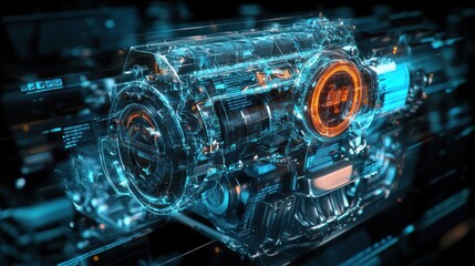 A futuristic, transparent engine design showcasing intricate mechanical details.