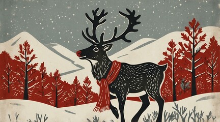 Artistic illustration of reindeer wearing scarf against winter landscape with mountains and stars