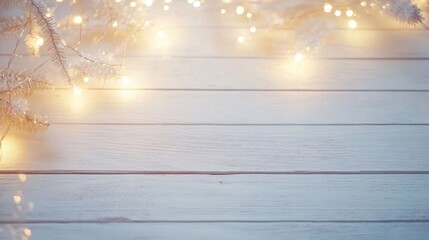 Wall Mural - border of defocused christmas lights on white wooden background. christmas and new year holidays cel