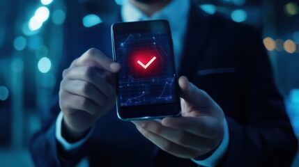 Poster - Businessman use smartphone control data correct sign, check mark document icon approve quality assurance, web guarantee concept. Online paperless doc agreement. Electronic form sorfware management