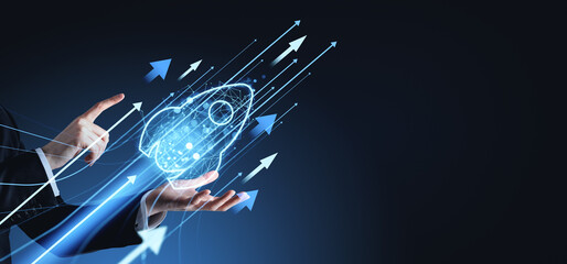 Poster - Businessman interacting with digital rocket ship and arrows on dark background.