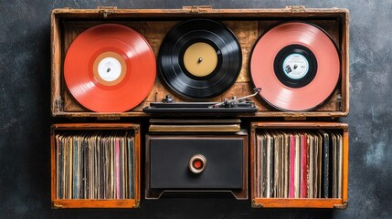 Vintage Record Player and Vinyl Collection Display