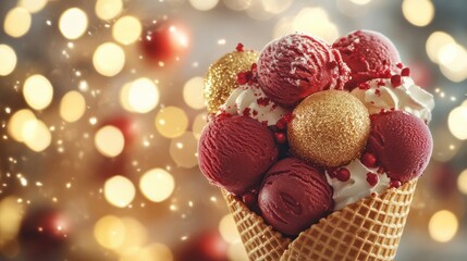 Wall Mural - christmas bouquet of ice cream in red and gold glitter in waffle cones. winter composition of ice cr