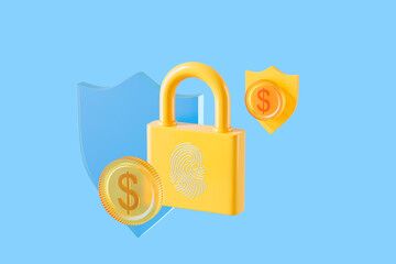 Wall Mural - Yellow lock and shield on blue background, money and security