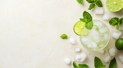 Wall Mural - close up of a glass of iced lemonade with lime and mint, on a white background.