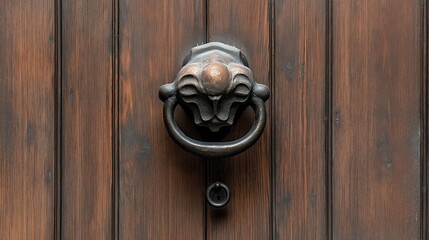 Wall Mural - Close-up of an antique iron door knocker with a lion head design on a rustic wooden door.